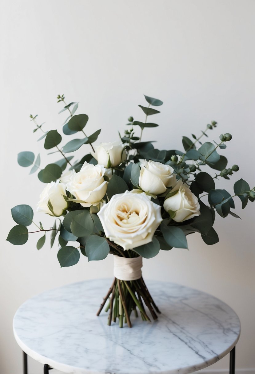 A minimalist bouquet of white roses and eucalyptus on a marble table