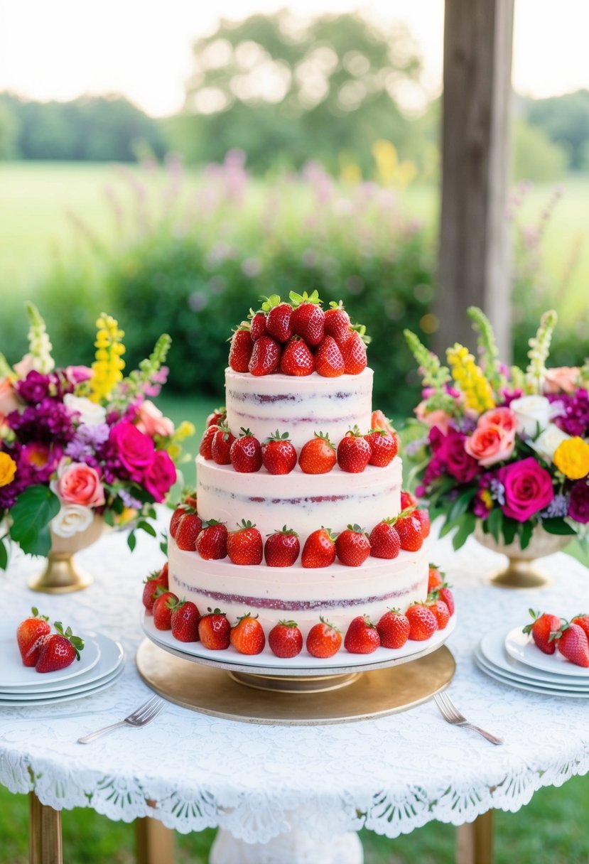 A three-tiered Berry Bliss Cake adorned with fresh strawberries sits on a white, lace-covered table surrounded by vibrant floral arrangements