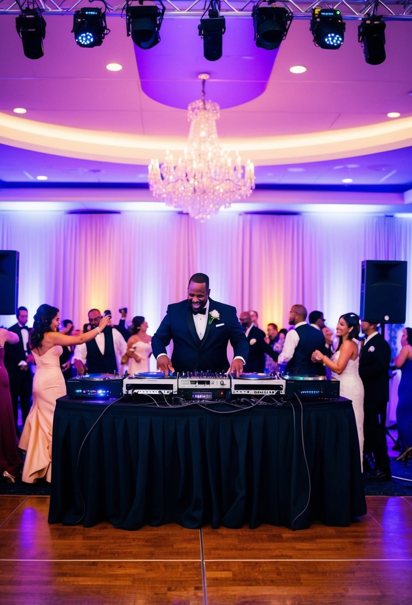 A lively wedding reception with a professional DJ or band performing on a stage, surrounded by dancing guests and colorful lights