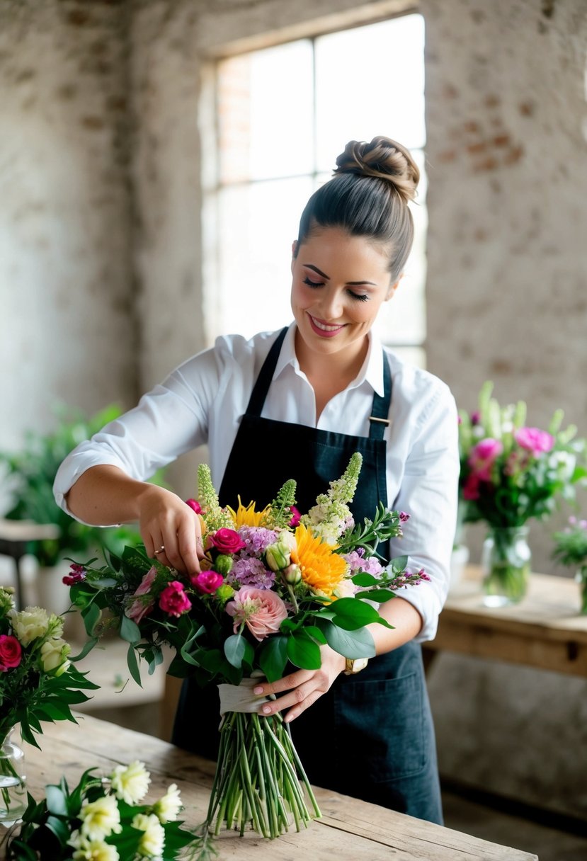 A florist arranging a bouquet with locally sourced flowers in a rustic setting