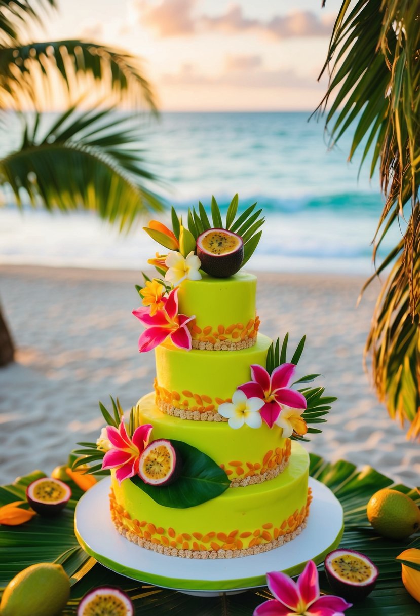 A lush tropical beach setting with a vibrant, multi-tiered cake adorned with passionfruit and tropical flowers. The sun is setting, casting a warm glow over the scene