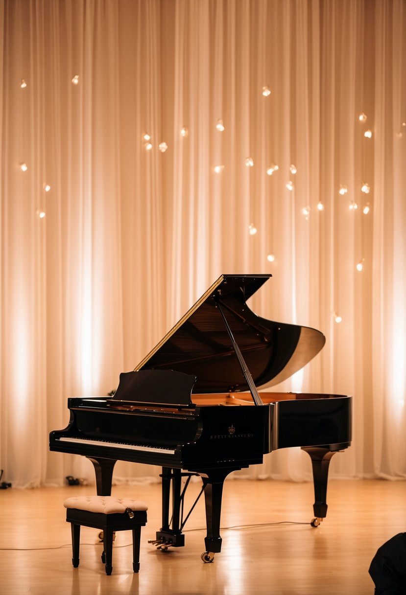 A grand piano sits center stage, bathed in soft, warm light. The notes of a gentle prelude music fill the air, setting a romantic and elegant mood for the wedding