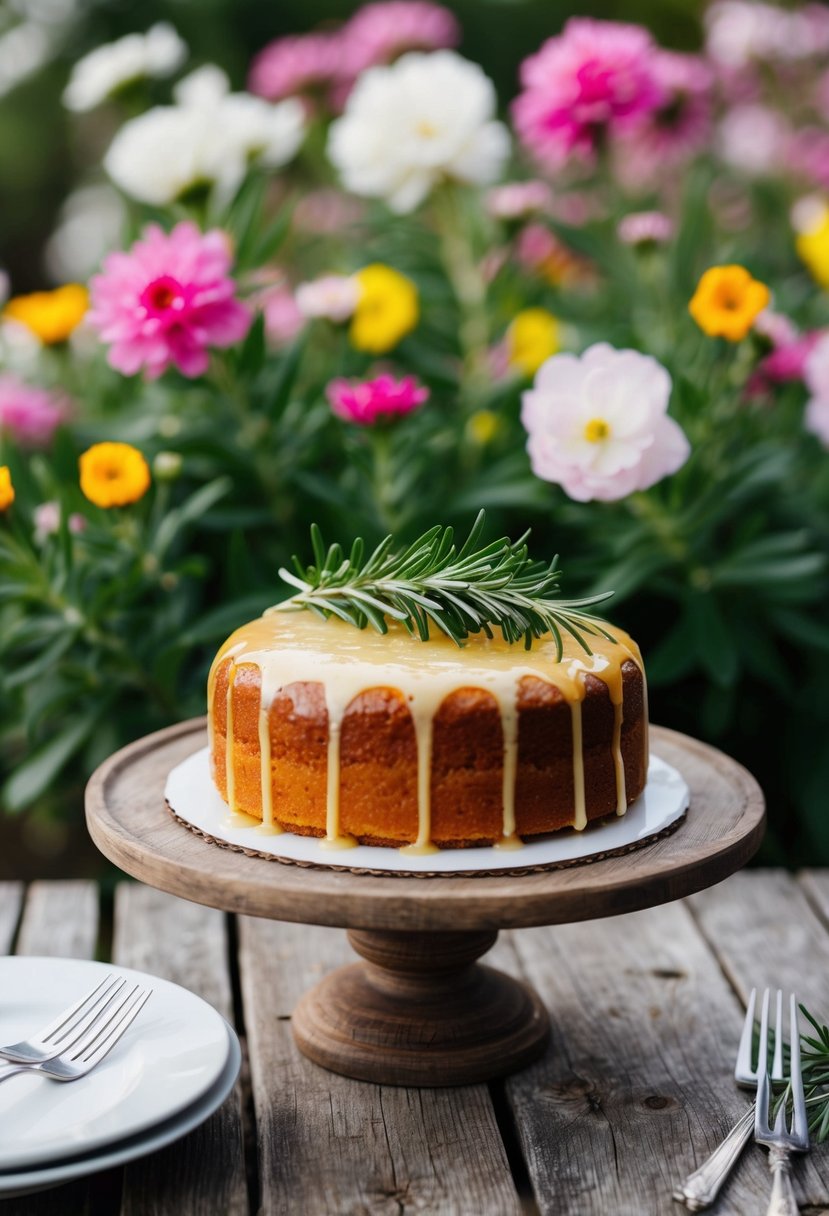 A rustic wooden table adorned with a honey glazed lemon cake topped with sprigs of fresh rosemary, set against a backdrop of blooming summer flowers