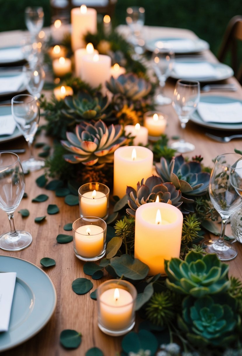 A table adorned with flickering candles and scattered petals, surrounded by budget-friendly wedding flower arrangements incorporating non-floral elements like greenery and succulents