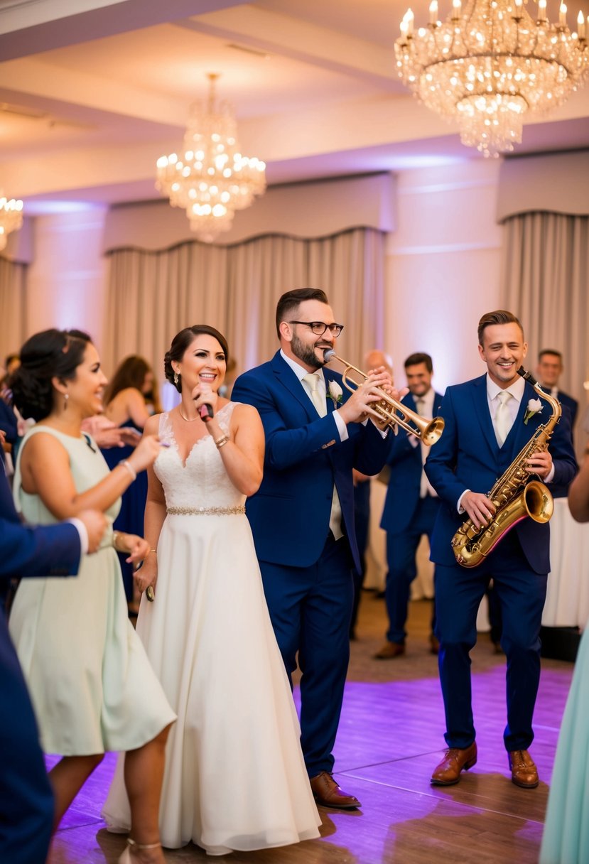 A lively wedding band plays a variety of music genres, from jazz to pop, entertaining guests of all ages on the dance floor