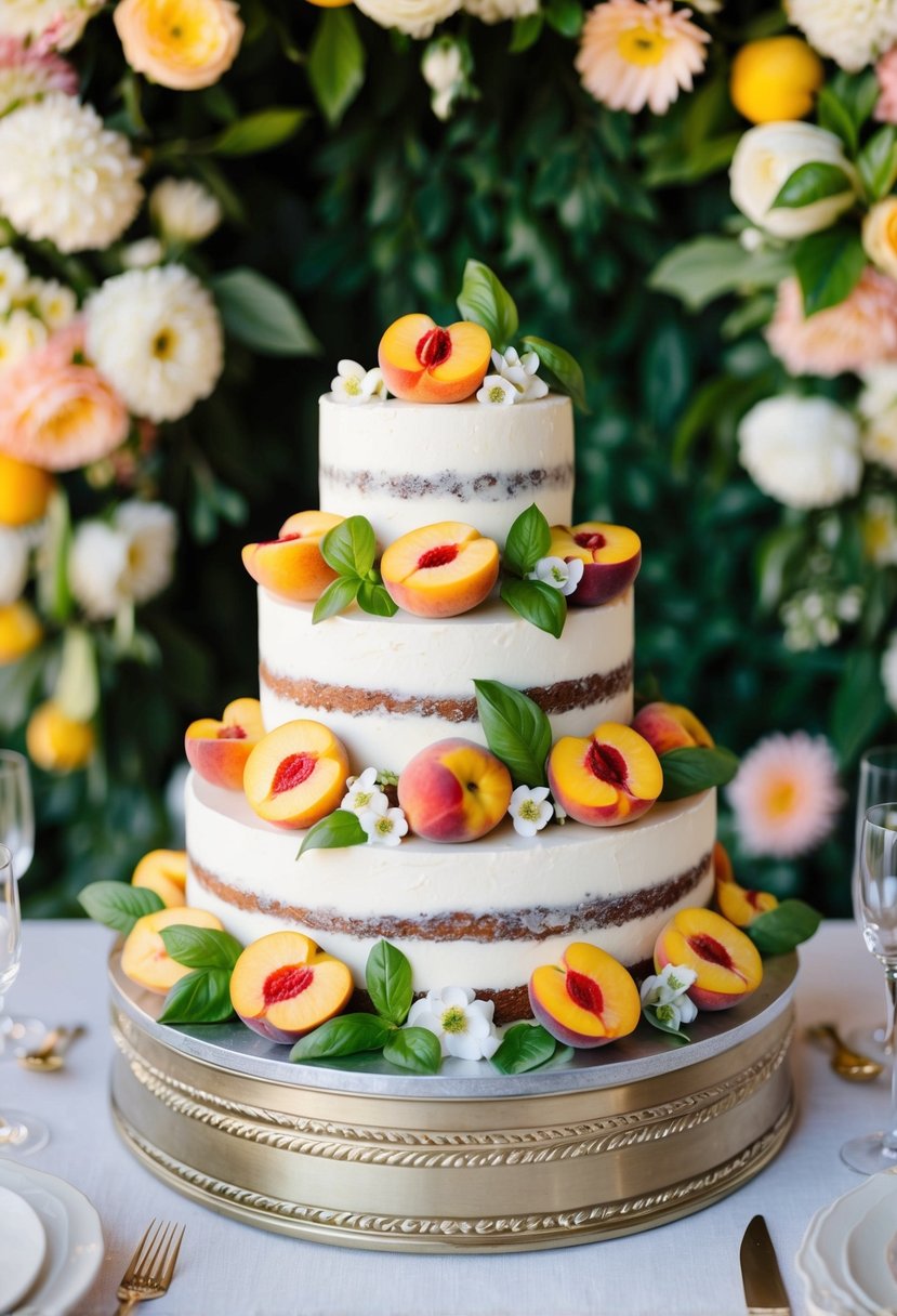 A three-tiered wedding cake adorned with fresh peaches and basil leaves, set against a backdrop of summery floral decorations