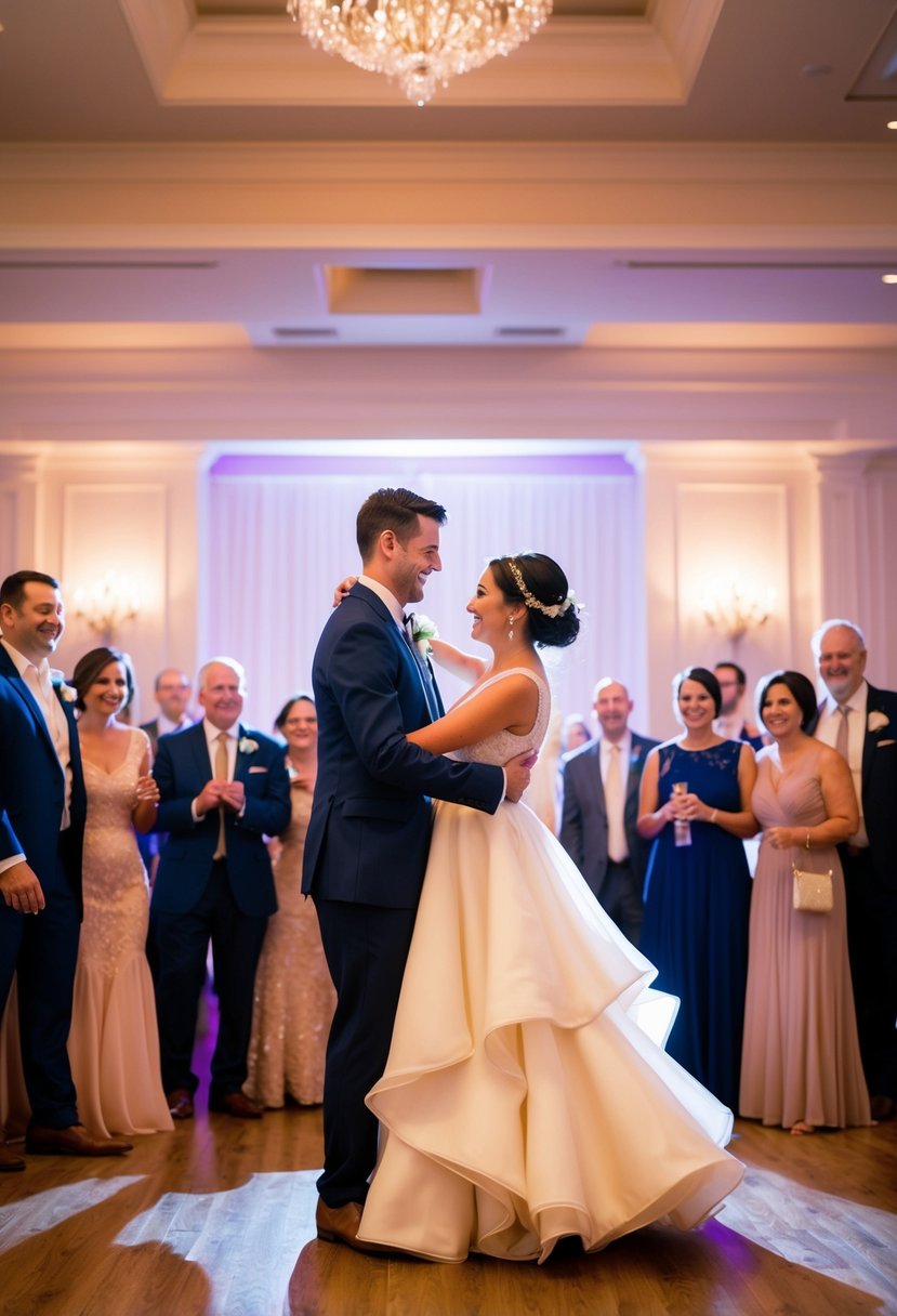 A couple dancing under soft, romantic lighting, surrounded by guests at a wedding reception