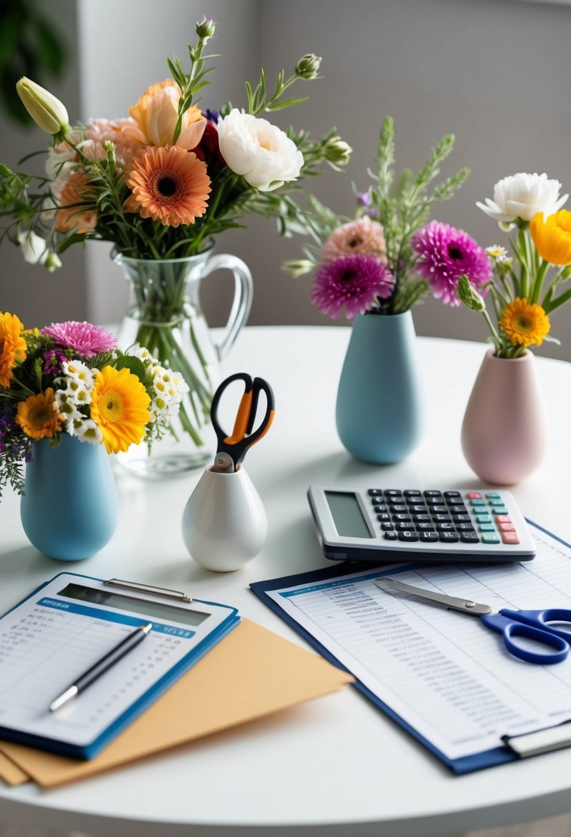 A table with assorted flowers, vases, and scissors. A calculator and budget sheet nearby