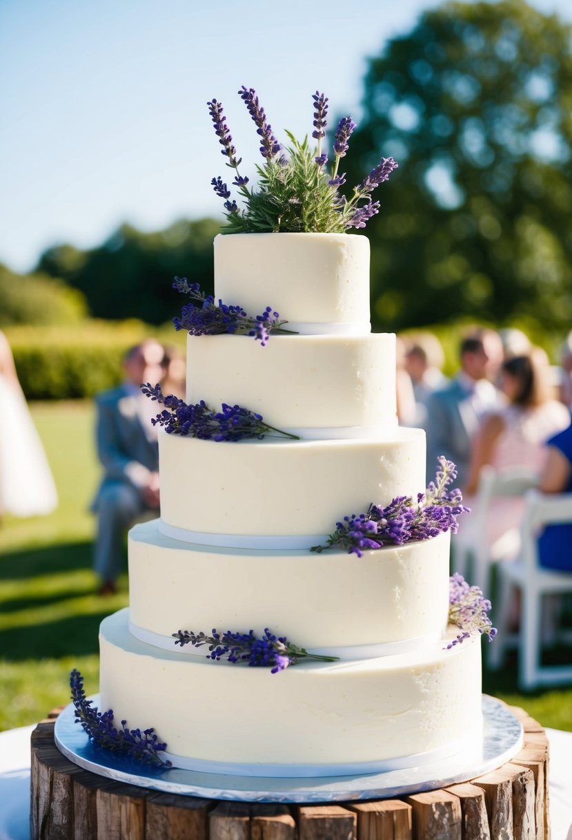 A three-tiered vanilla cake adorned with fresh lavender sprigs, set against a backdrop of a sunny outdoor summer wedding