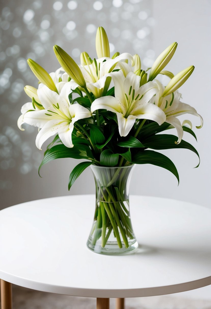 A simple bouquet of white lilies on a clean, unadorned table