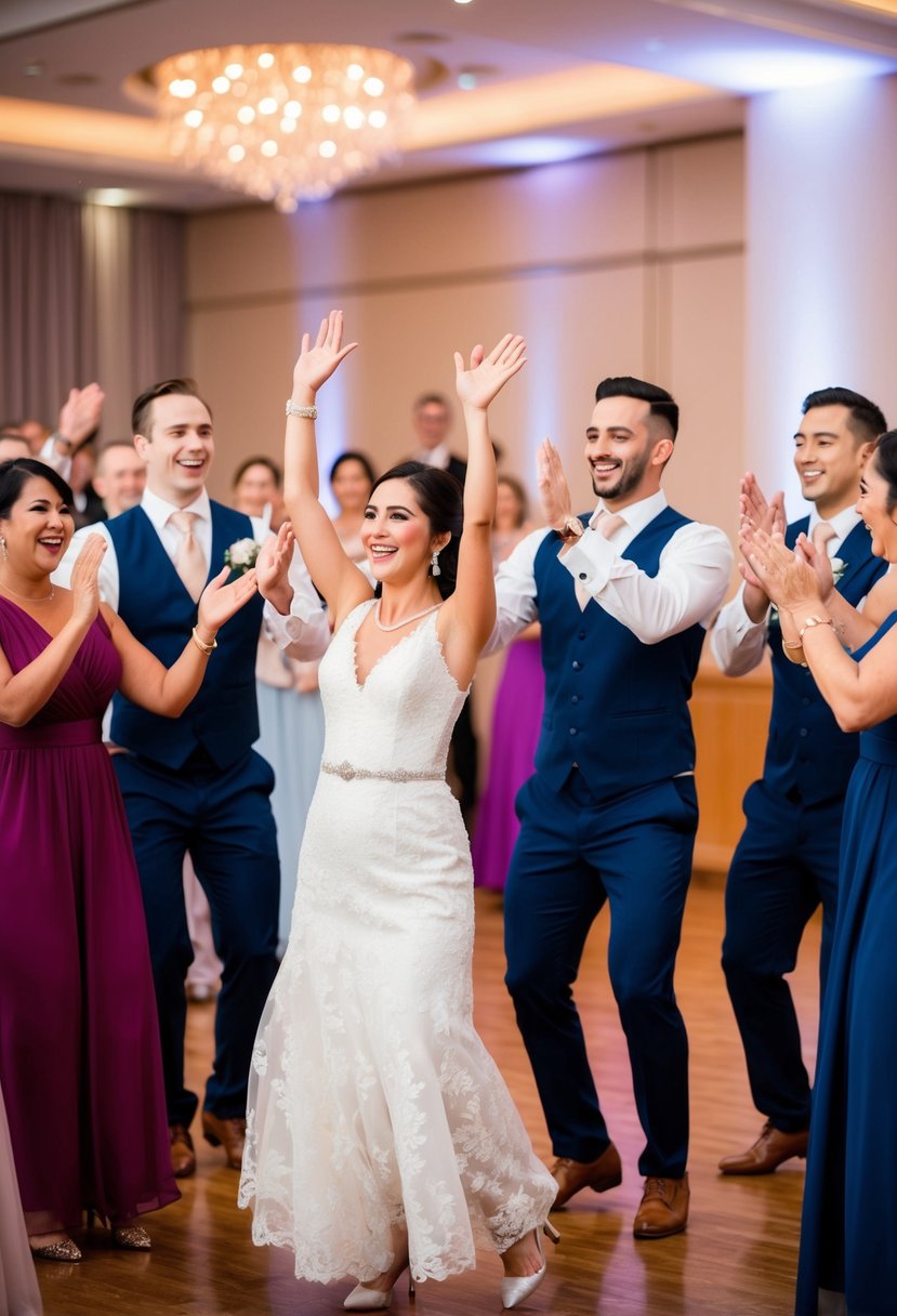 A group of dancers performing a surprise routine to wedding music, with joyful guests clapping and cheering in the background