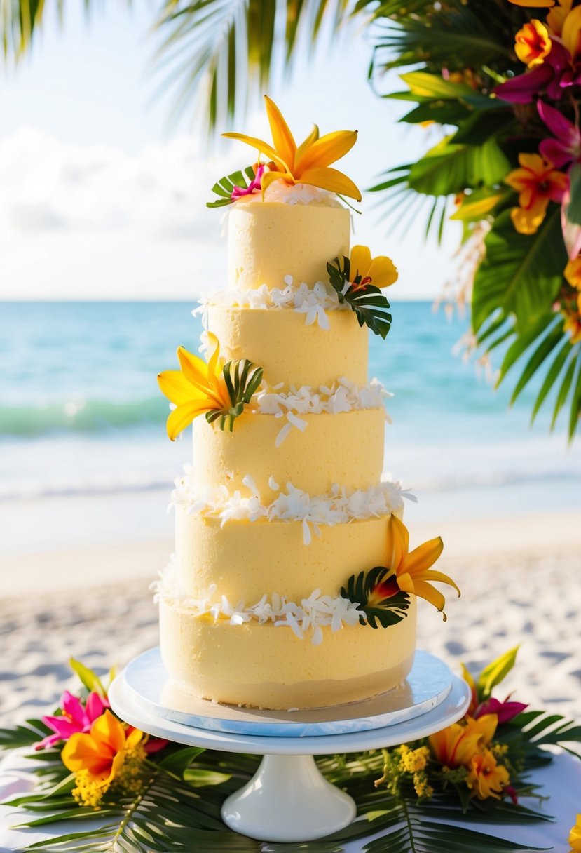 A tall, elegant mango mousse cake adorned with coconut shavings, surrounded by vibrant tropical flowers and foliage, set against a backdrop of a sunny beach wedding