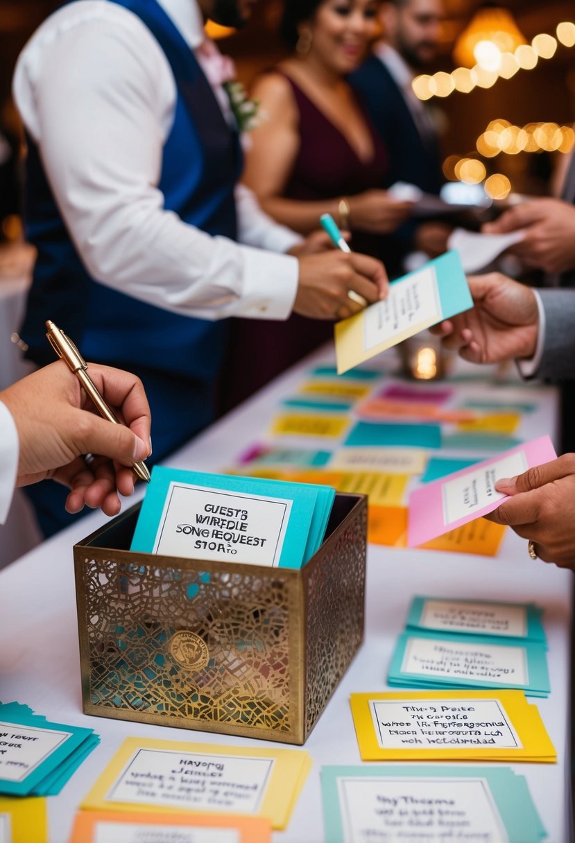 Guests write down song requests on colorful cards at a wedding reception. A decorative box is placed on a table for collecting the cards