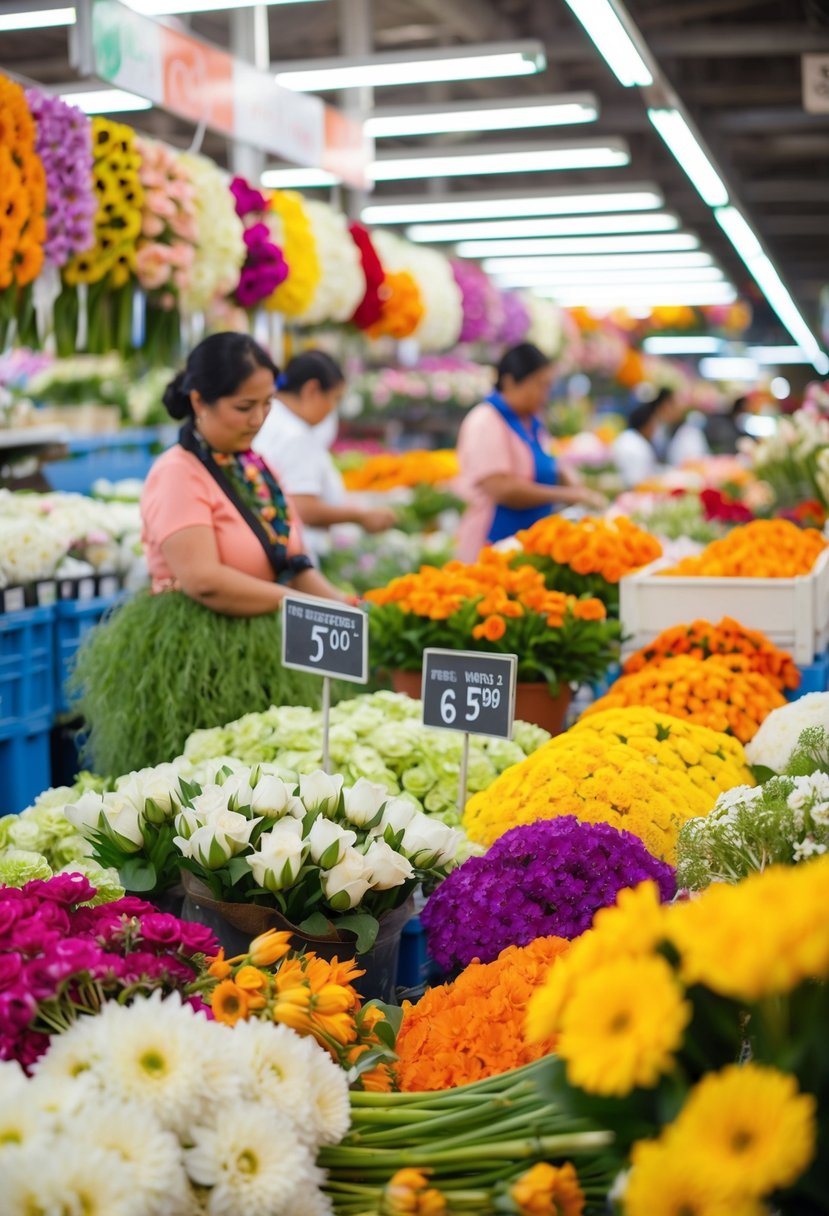 A bustling wholesale flower market with colorful blooms and vendors offering discounted prices for wedding budgets