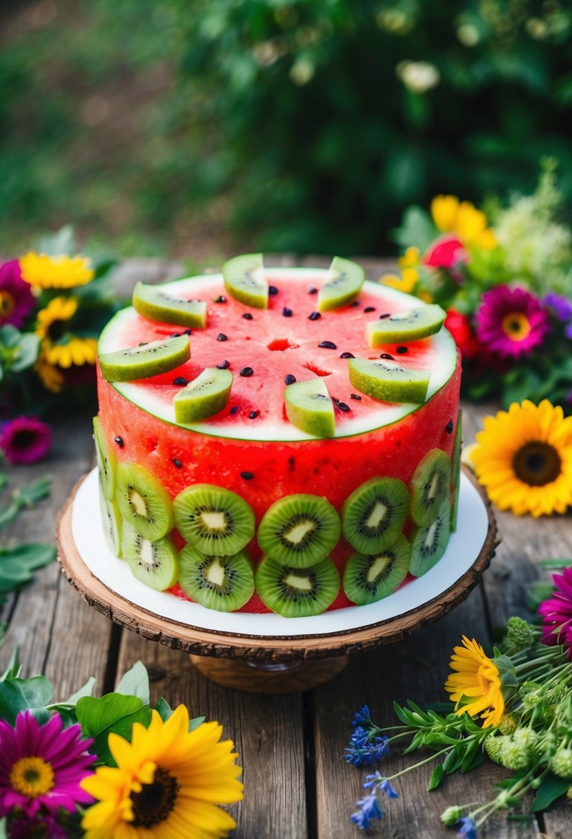 A watermelon-inspired cake adorned with kiwi slices sits on a rustic wooden table, surrounded by vibrant summer flowers and greenery