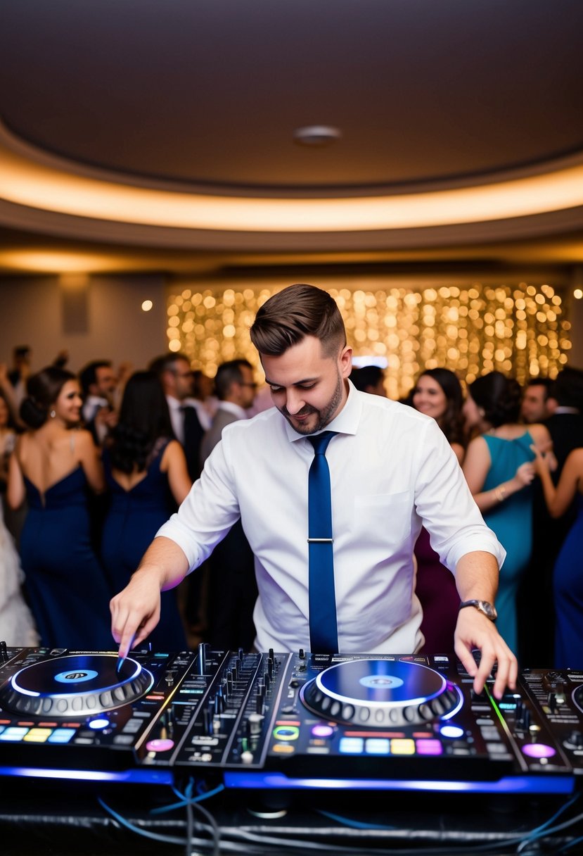 A DJ mixing a playlist of slow and fast songs for a wedding, with a crowd dancing in the background