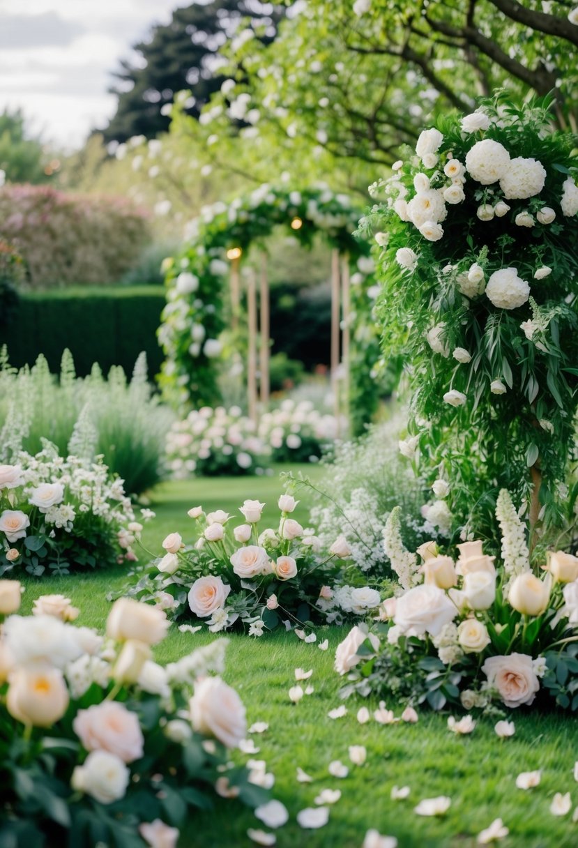 A lush garden with blooming flowers and greenery, scattered with elegant arrangements and budget-friendly wedding flower options