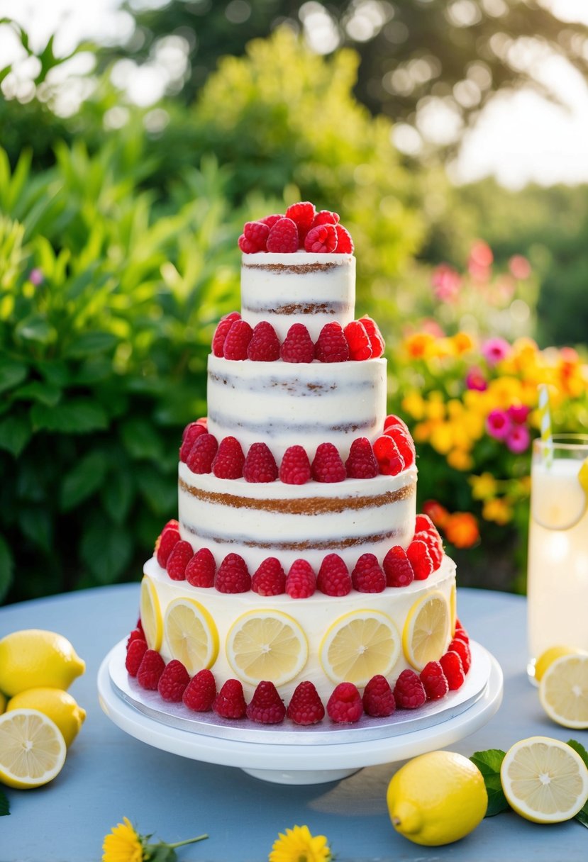 A three-tiered cake with raspberry and lemonade flavors, adorned with fresh raspberries and lemon slices, set against a backdrop of lush greenery and colorful summer flowers