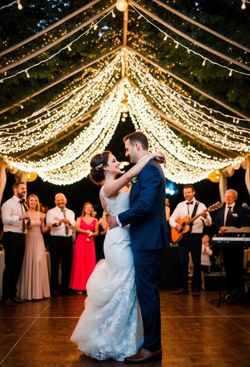 A couple dances under a canopy of twinkling lights, surrounded by friends and family, as a live band plays romantic music