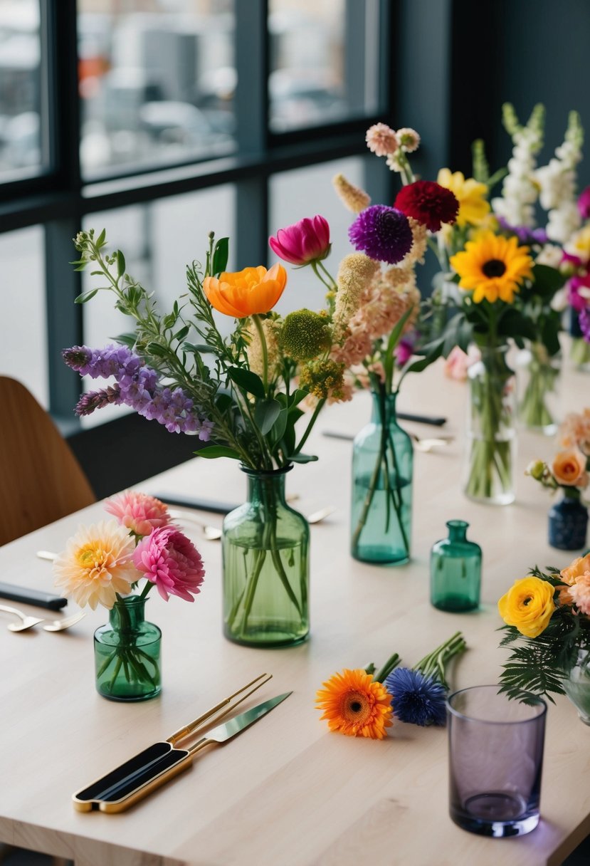 A table with a selection of versatile flowers in different colors and sizes, alongside vases and other floral arrangement tools