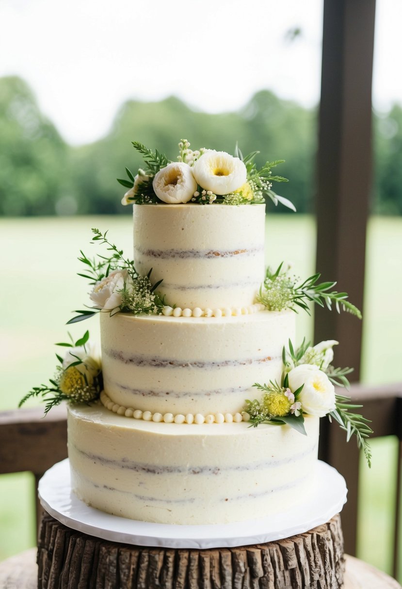 A three-tiered cake with light cream cheese frosting adorned with delicate summer flowers and greenery