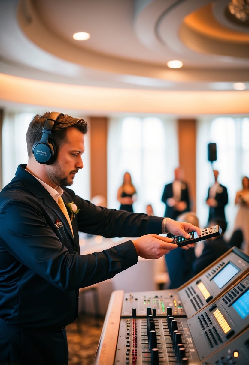 A sound technician adjusts volume levels and tests sound quality at a wedding venue