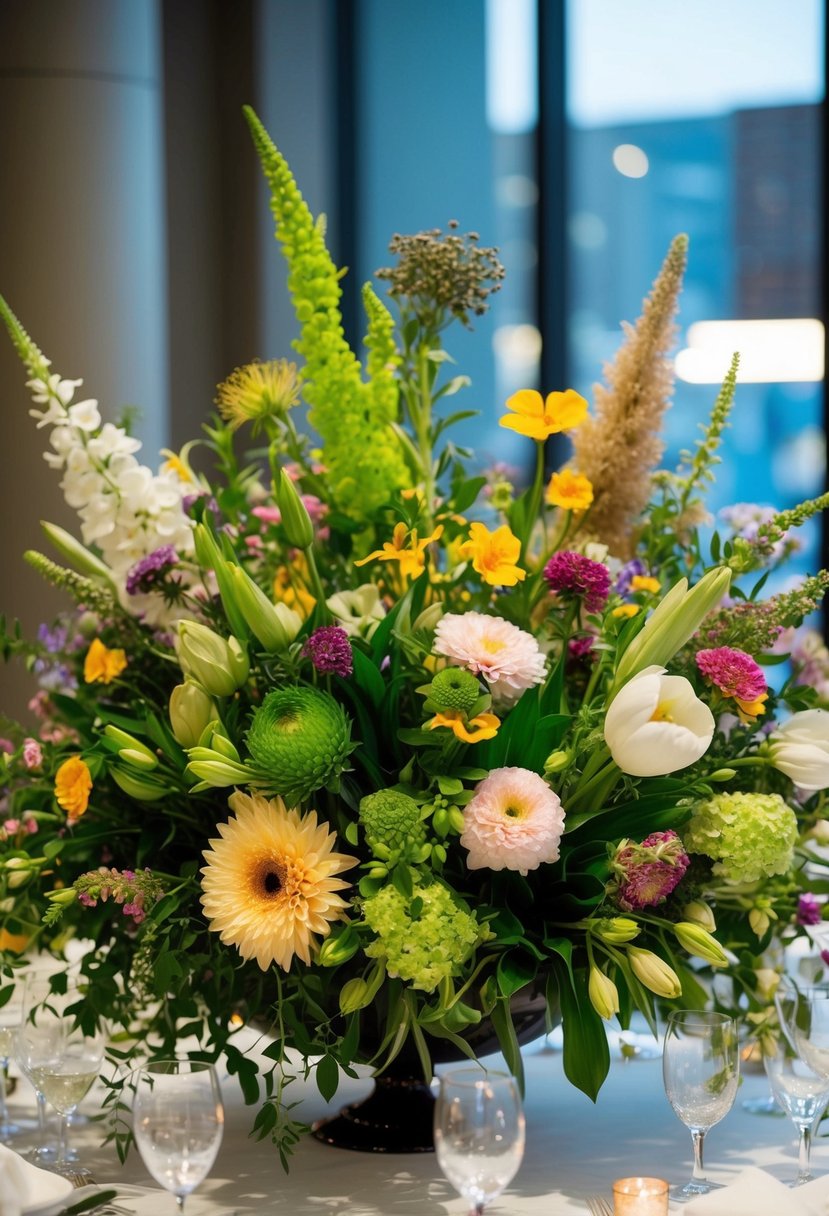 A table overflowing with various filler flowers in different shapes and sizes, creating a lush and voluminous display