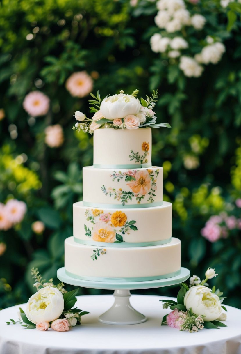 A tiered wedding cake adorned with vintage garden floral designs, set against a backdrop of lush greenery and blooming flowers