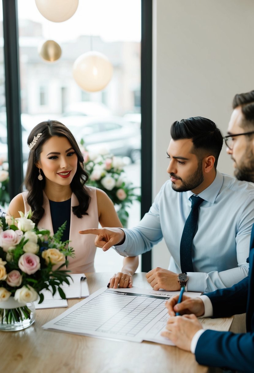 A florist and a couple sit at a table, discussing budget. The florist gestures to a price list while the couple nods and takes notes