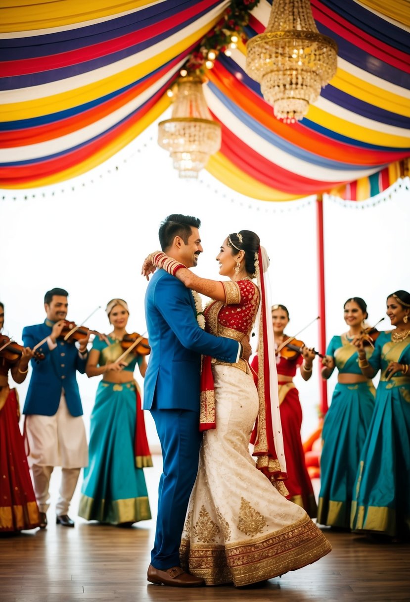 A bride and groom dance under a colorful canopy while musicians play traditional wedding songs from their cultural background