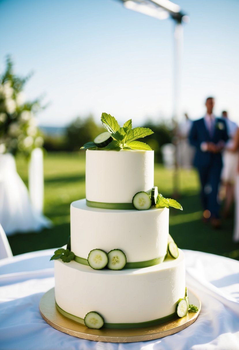 A delicate, three-tiered cake adorned with fresh cucumber slices and mint leaves, set against a backdrop of a sunny outdoor wedding reception