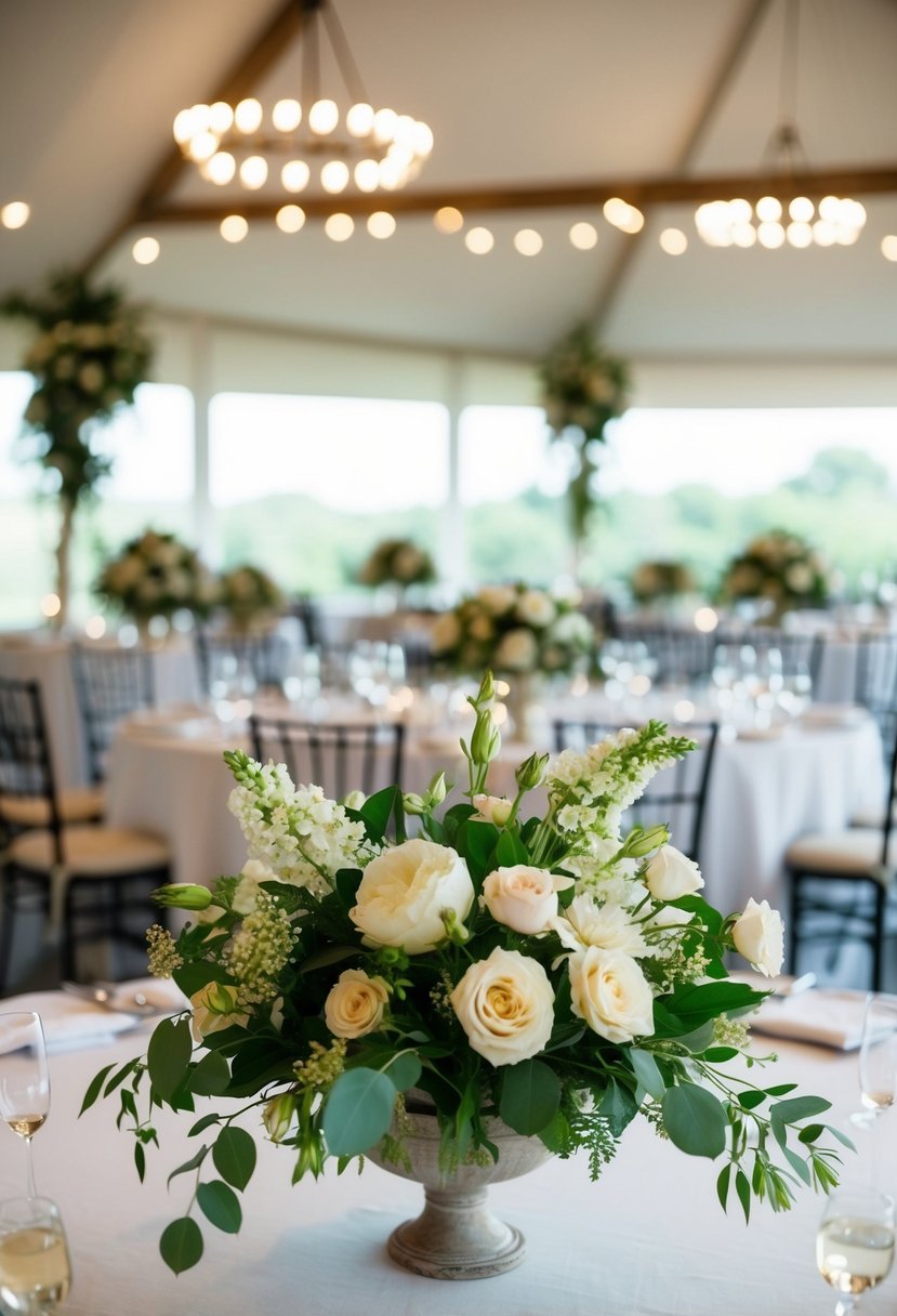 Lush floral arrangements confined to focal points, sparingly adorning a wedding venue