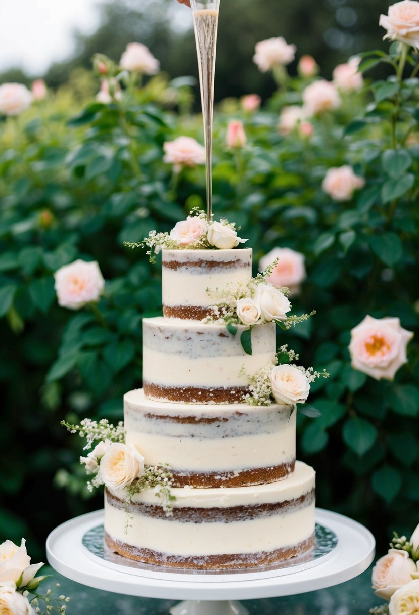 A three-tiered wedding cake adorned with elderflowers and a delicate drizzle of rose water, set against a backdrop of lush greenery and blooming roses