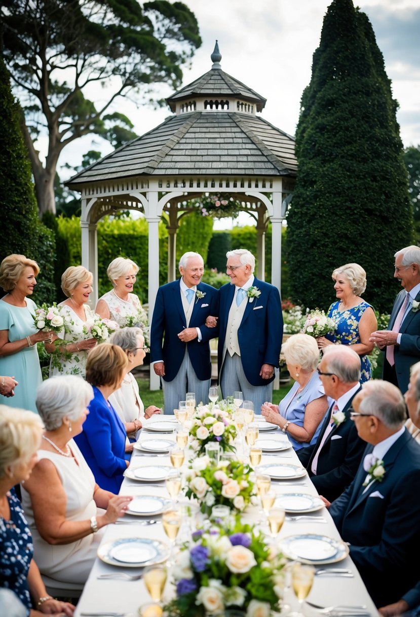 An elegant garden setting with mature trees and a gazebo adorned with flowers. A table set with fine china and crystal, surrounded by friends and family celebrating the love of an older couple