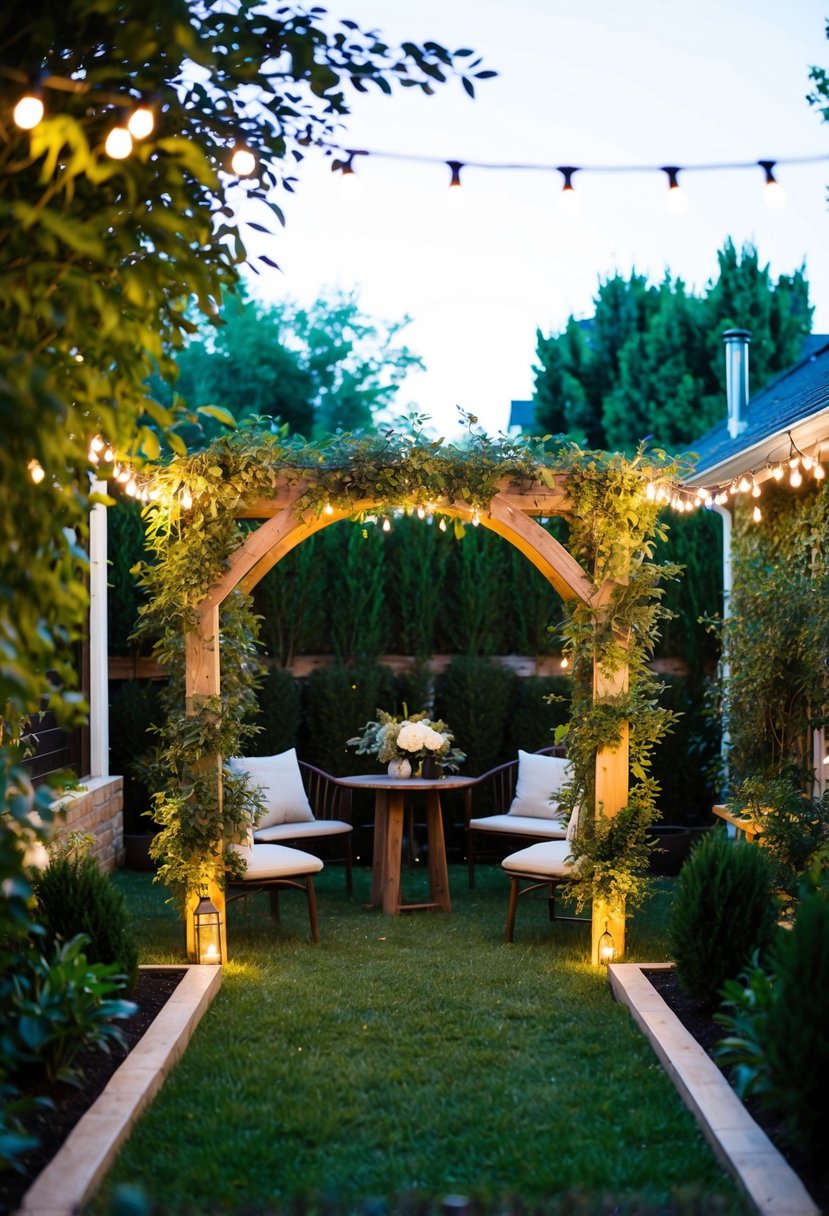 A small backyard adorned with twinkling lights and lush greenery. A rustic wooden arch stands as the focal point, surrounded by intimate seating areas