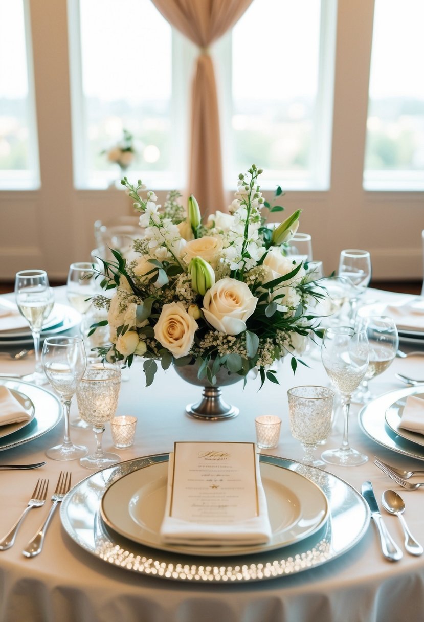 A beautifully set wedding table with elegant centerpieces, delicate floral arrangements, and sparkling tableware