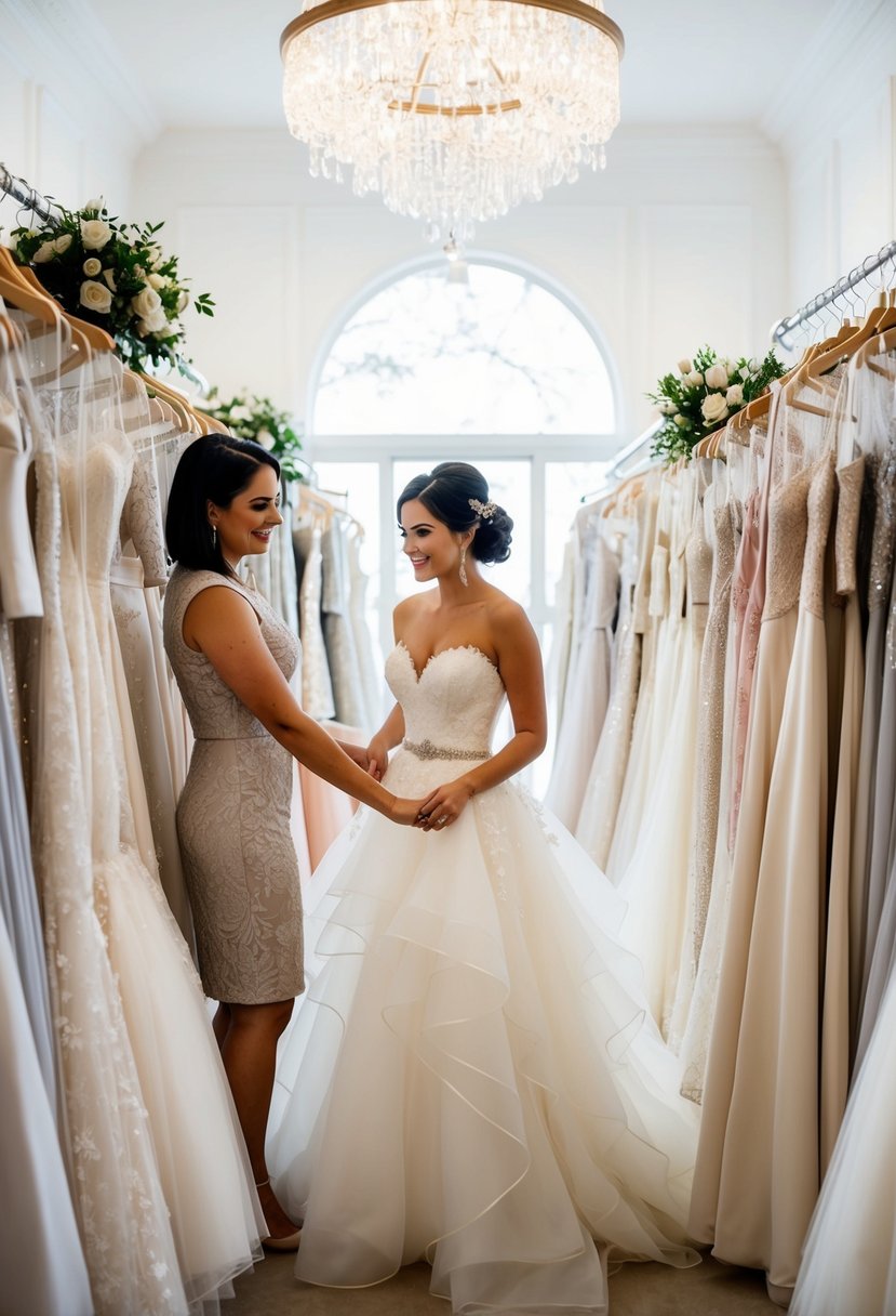 A bride-to-be surrounded by racks of wedding dresses, trying on gowns with the help of a consultant in a bright and elegant bridal boutique