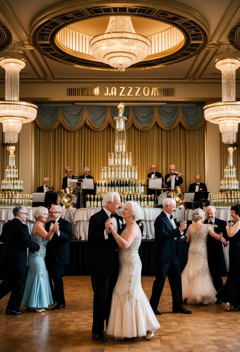 A grand ballroom adorned with art deco decor, champagne towers, and jazz band, as older couples dance in glamorous 1920s attire