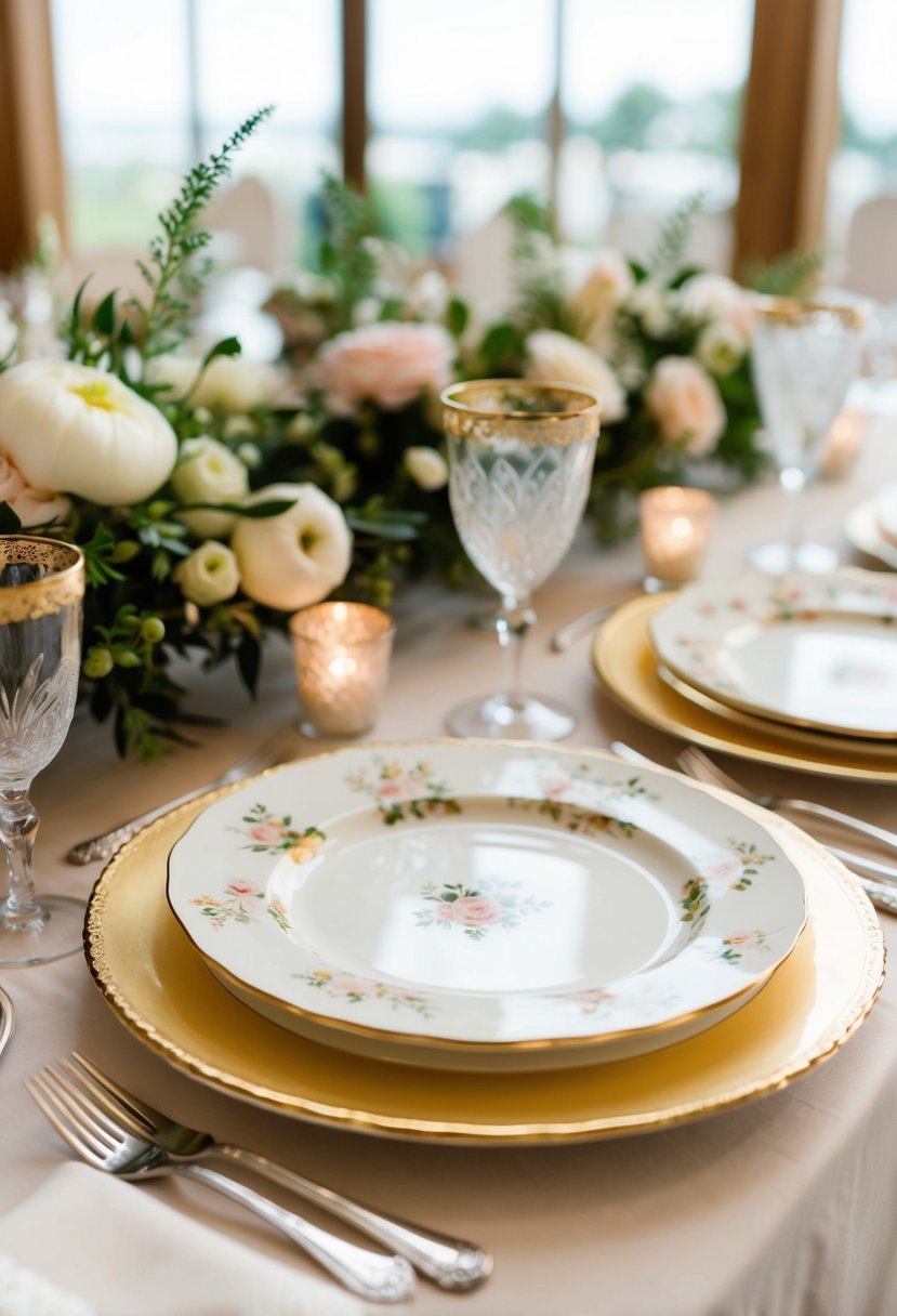 Vintage plates arranged in a charming display on a wedding table, with delicate floral patterns and gold trim adding a touch of elegance to the decor