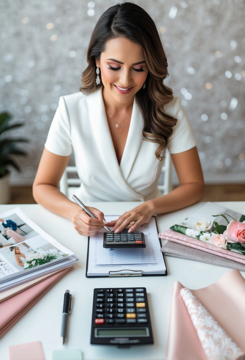 A woman sits at a table with a pen, paper, and calculator, surrounded by bridal magazines and fabric swatches. She carefully calculates her wedding dress budget