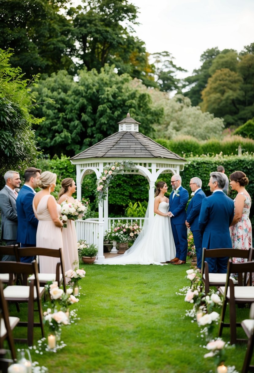 A cozy garden setting with a small gazebo adorned with flowers, surrounded by close family and friends, with a simple yet elegant wedding arch as the focal point