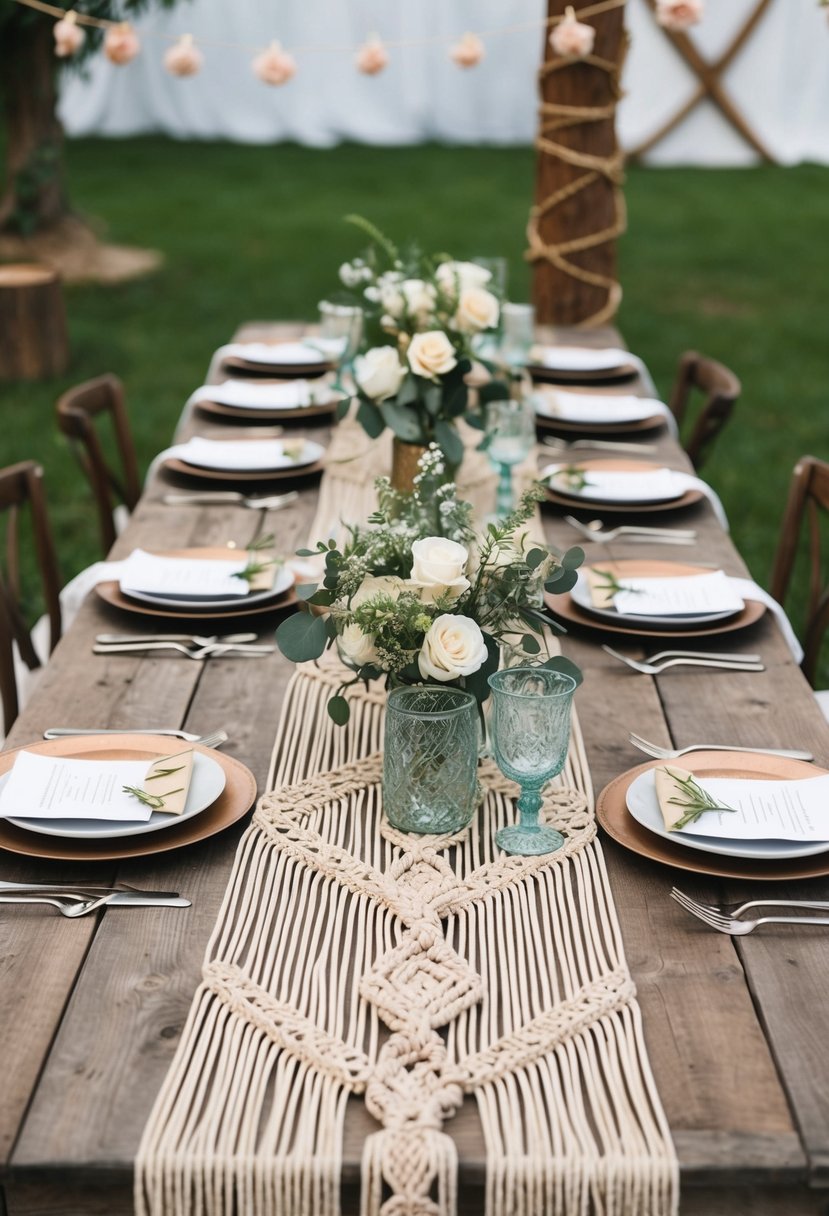 A rustic wooden table set with macramé table runners, adorned with bohemian-inspired decor for a wedding reception