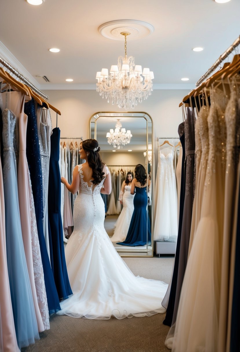 A bride-to-be browsing through various wedding dress styles in a boutique, surrounded by racks of elegant gowns and mirrors