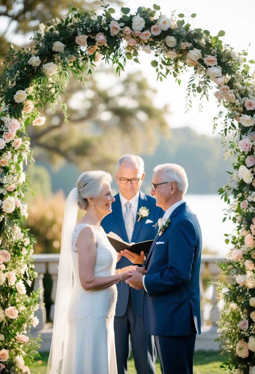 An older couple stands under a flower-adorned arch, exchanging personalized vows. The setting is intimate, with soft lighting and a serene atmosphere