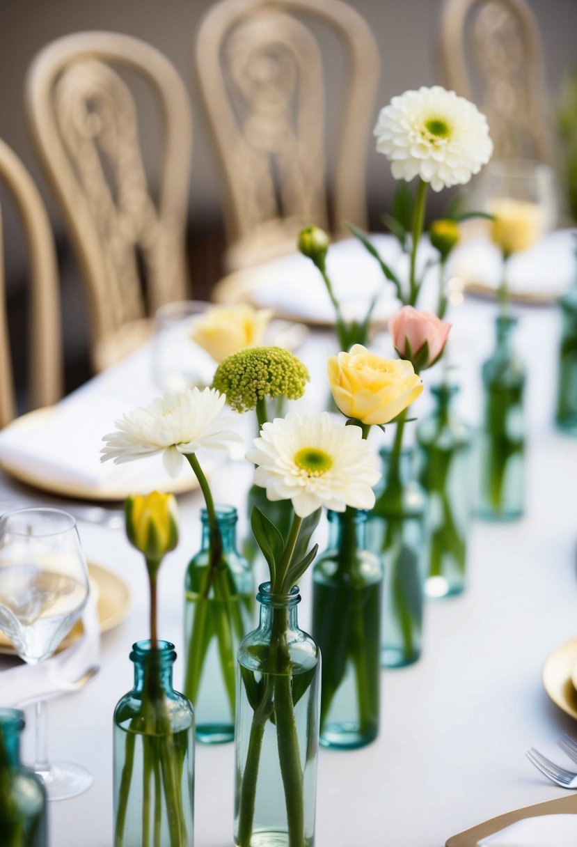 A table set with multiple bud vases, each holding a single bloom, creating a simple and elegant wedding centerpiece