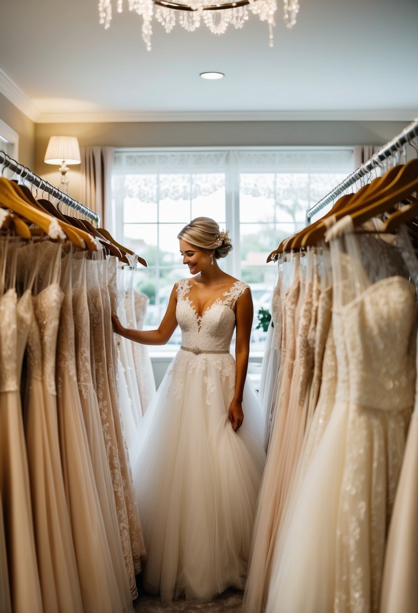 A bride browsing through racks of wedding dresses in a cozy boutique, surrounded by soft lighting and delicate lace details