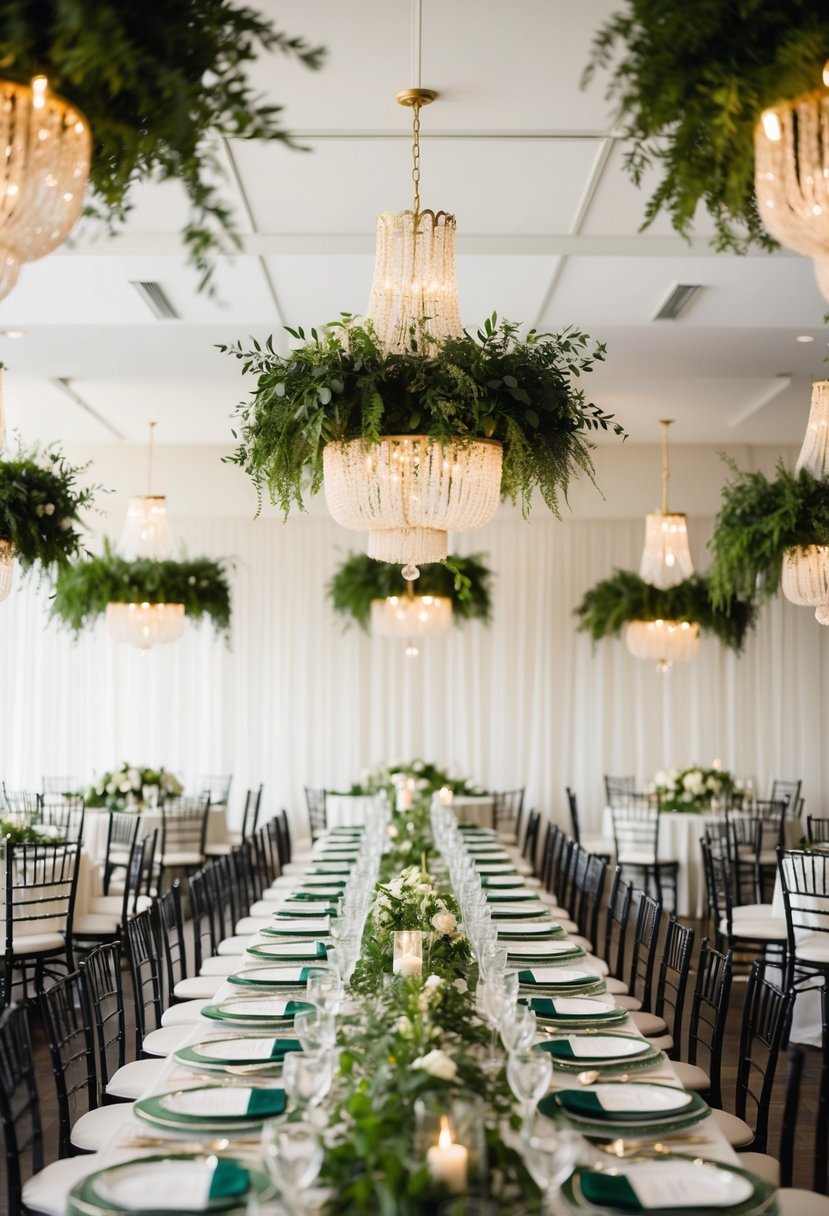 Lush greenery chandeliers hang above elegant wedding tables, adding a touch of natural beauty to the decor