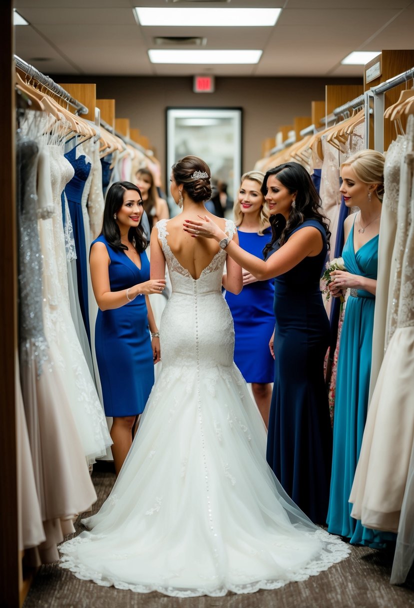 A bride and her friends browse through racks of wedding dresses, pointing and discussing different styles. A consultant holds up a gown for the bride to consider