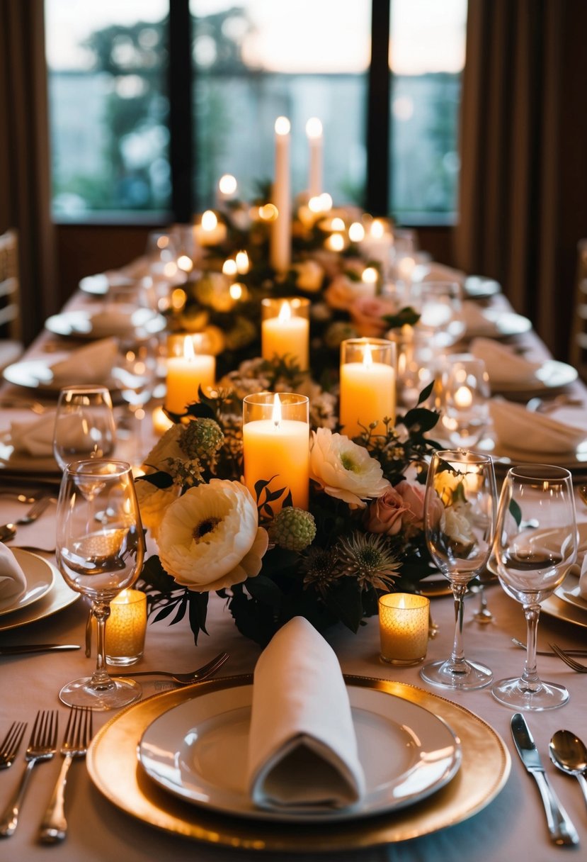 The table is adorned with flickering candlelight, casting a warm glow on delicate floral centerpieces and elegant place settings