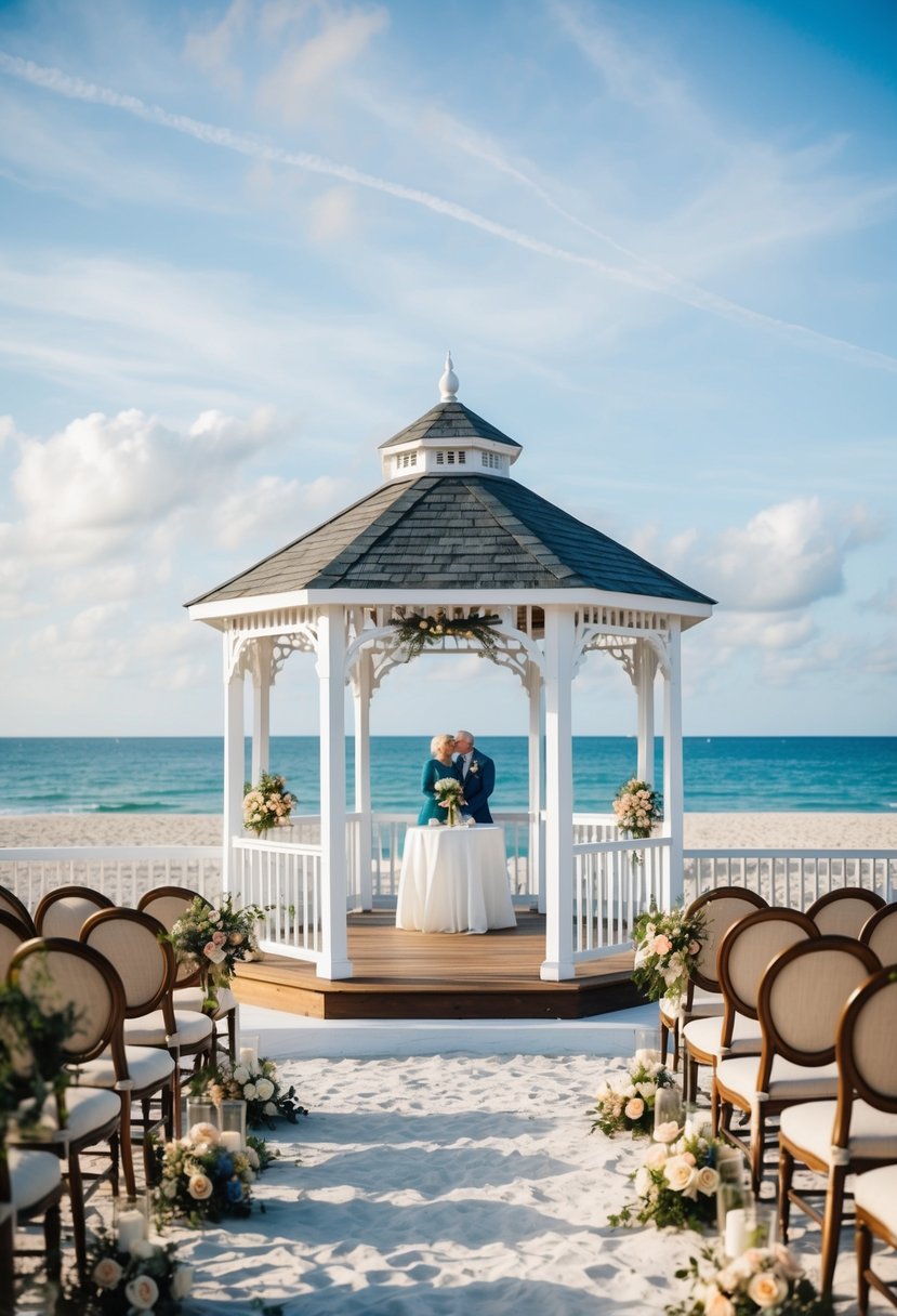 A picturesque beach setting with a beautiful gazebo and elegant seating for a small, intimate wedding ceremony for an older couple